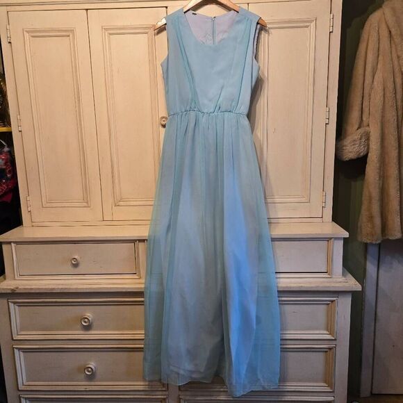 Vintage Gown Blue Chiffon over Taffeta Dress - Picture 1 of 8